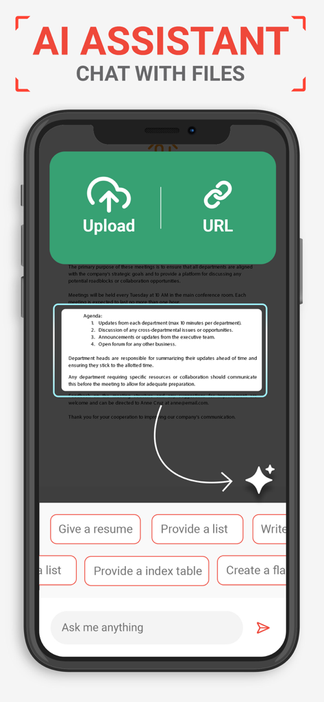 PDF Scanner AI Note text files - Interface of the AI Assistant within the app showing options to upload files or URLs to chat and extract information from documents
