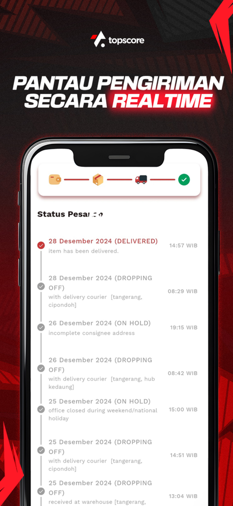 Topscore - Interfaz de la aplicación Topscore mostrando seguimiento de envío en tiempo real con una línea de tiempo detallada del estado de la entrega.