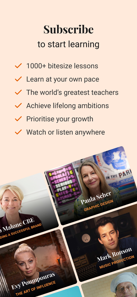 BBC Maestro subscription screen listing learning benefits and featuring expert instructors like Mark Ronson and Paula Scher.