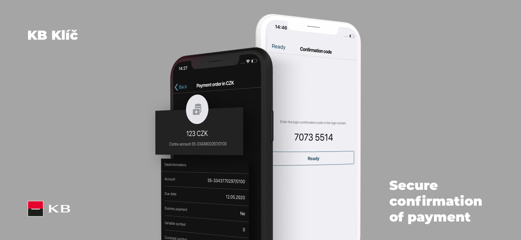 KB Klic app screens showing secure payment confirmation and login code