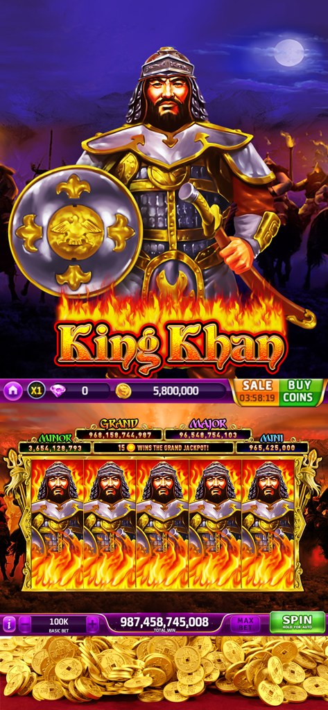 Gold Fortune Casino-Slots Game - King Khan themed slot machine in Gold Fortune Casino app with a large jackpot win and gold coins at the bottom.