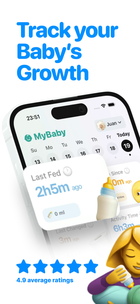 MyBaby Milestones app interface showing feeding logs and 4.9 star user ratings