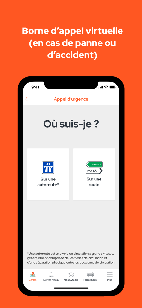 Schermata della colonnina di chiamata d'emergenza virtuale dell'app SYTADIN per l'assistenza stradale a Parigi