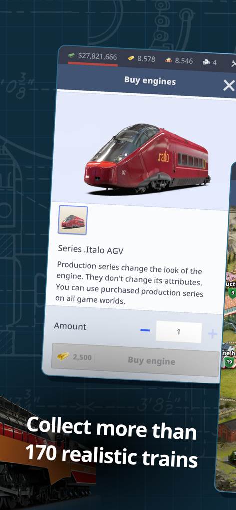Rail Nation - In-game menu of Rail Nation showing a modern red Italo AGV engine for purchase