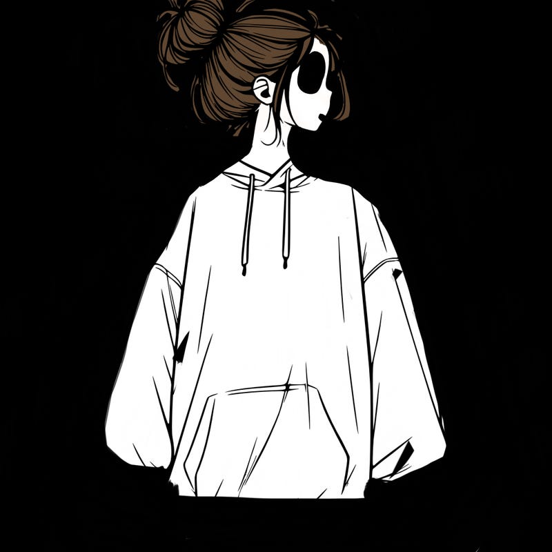 realistic girl with a oversized sweatshirt on and a bun