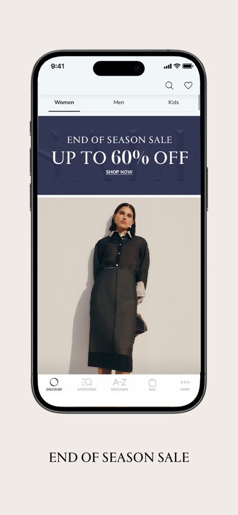 Ounass Luxus-Shopping-App-Oberfläche zeigt ein Banner für den Saisonendverkauf