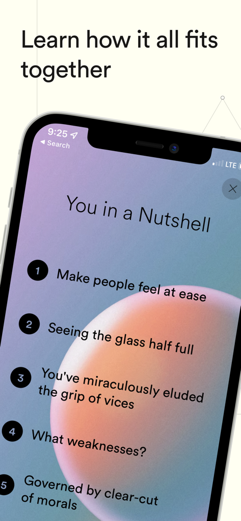 Dimensional: Personality Test - Interfaz de la aplicación Dimensional mostrando un resumen de rasgos de personalidad bajo el encabezado Tú en Pocas Palabras