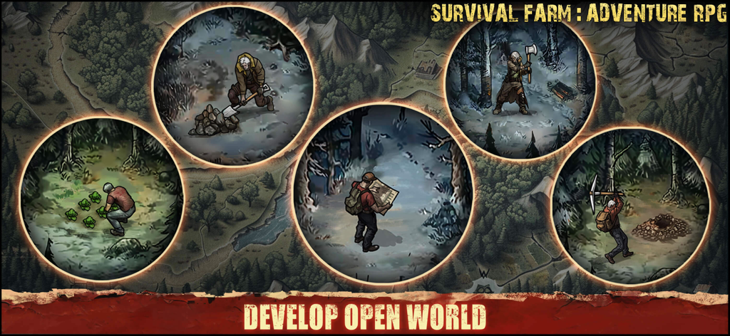 Escenas de juego que muestran la recolección de recursos y la exploración en el mundo abierto de Survival Farm Adventure RPG.