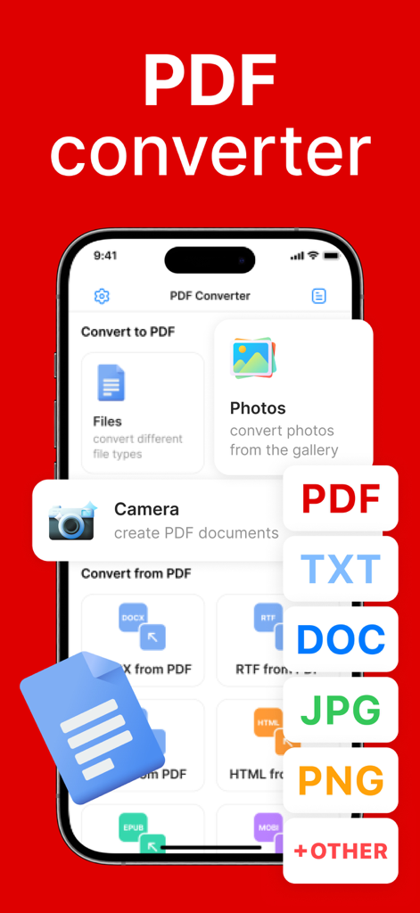 iPhone画面にPDF変換アプリのインターフェースが表示され、ファイル、写真、カメラ画像をPDF、DOC、JPG、PNG形式に変換するオプションが表示されています。
