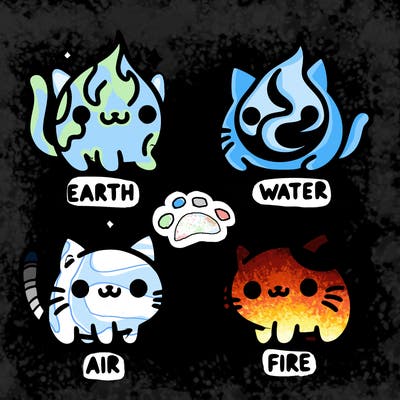 4 cats that represent the different elements, earth, water, air, and fire