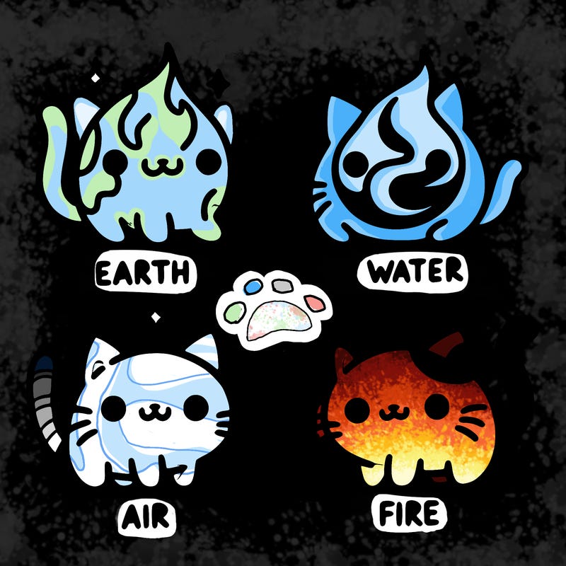 4 cats that represent the different elements, earth, water, air, and fire
