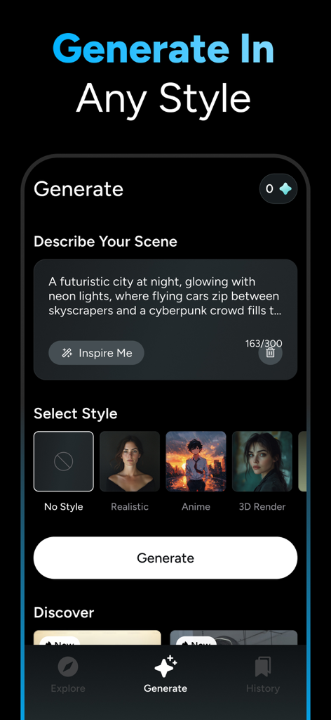 Interface of the OpenVideo app showing text prompt input and creative style options like Anime and 3D Render.