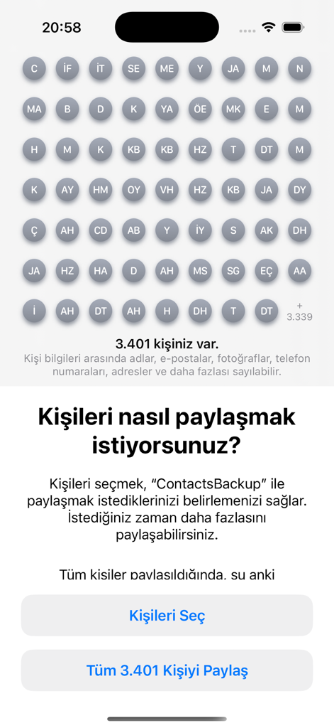 Contacts Backup- 3000 - Interface for choosing to select specific contacts or share all for backup