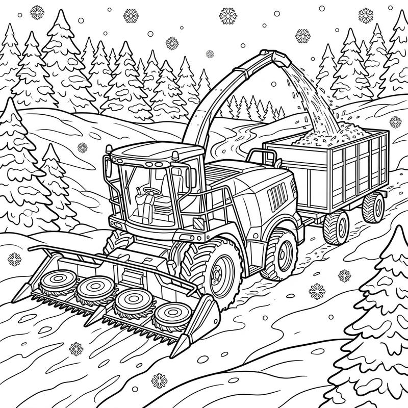 Get ready for a unique coloring adventure with this detailed forage harvester working diligently in a beautiful winter wonderland. This page combines the power of farm machinery with the serene beauty of a snowy landscape.