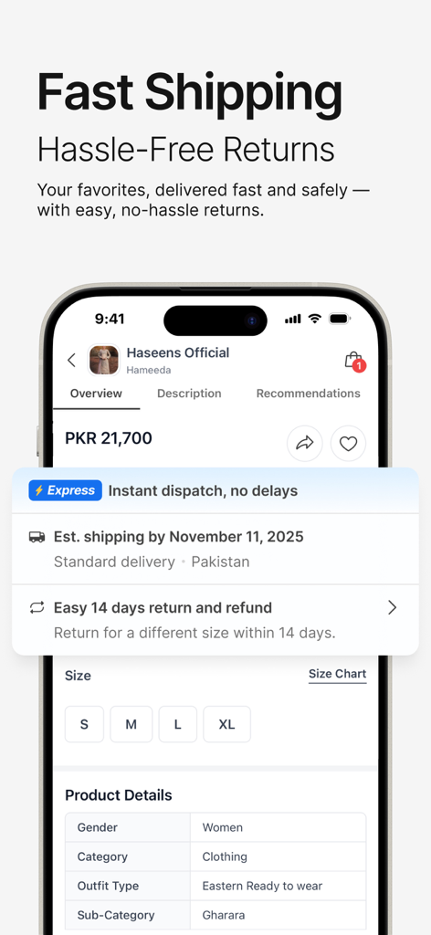 LAAM – Online Shopping App - LAAM 앱 인터페이스에서 에스닉 디자이너 의류의 빠른 배송 및 간편한 반품을 강조합니다.