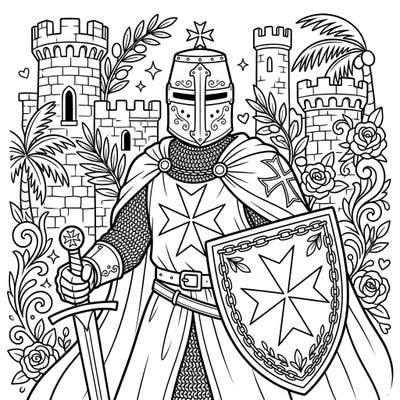 Journey back to the Crusades with this majestic Knights Hospitaller coloring page. Unleash your artistic flair on a brave warrior, his mighty sword, and iconic shield, set against a castle backdrop.