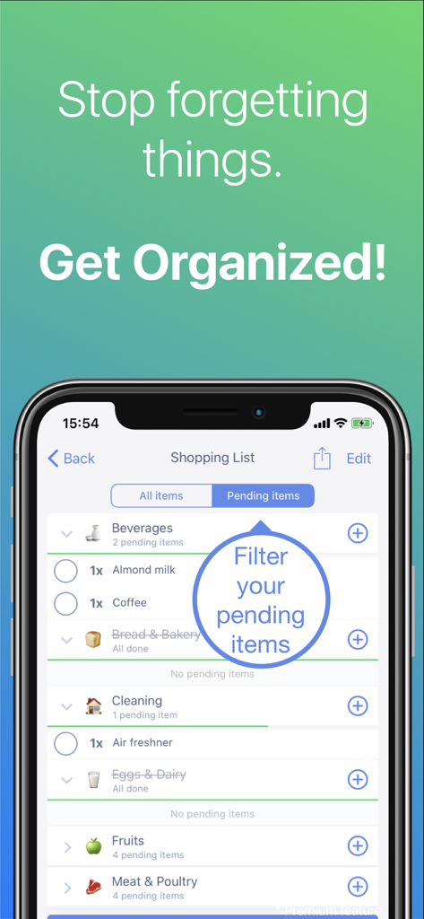 Capture d'écran iPhone de l'application Grocery List montrant une liste de courses avec un filtre appliqué pour les articles en attente, catégorisés par emojis.