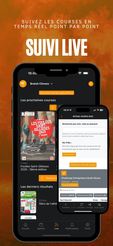 Interface de l'application Breizh Chrono montrant les résultats de course en direct et les fonctionnalités de suivi sur les écrans mobiles.