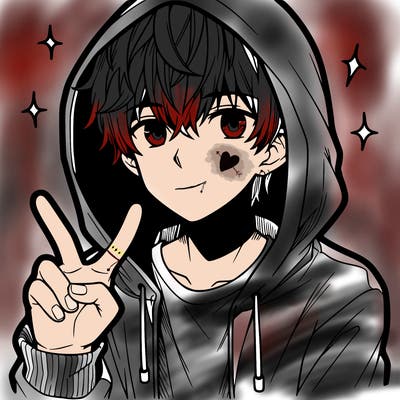 teenage manga boy in a hoodie, doing ✌