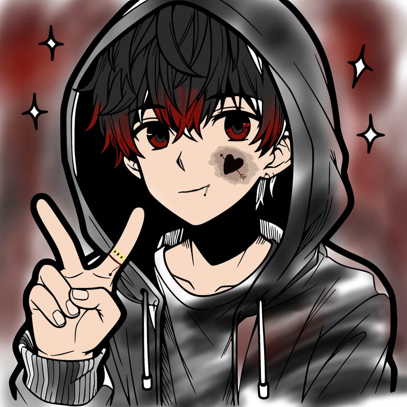 teenage manga boy in a hoodie, doing ✌