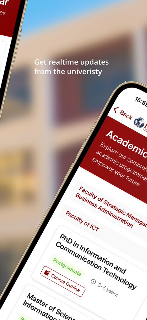 Captura de pantalla de la aplicación móvil IUM que muestra una lista de facultades académicas y programas de estudio como Doctorado en TIC