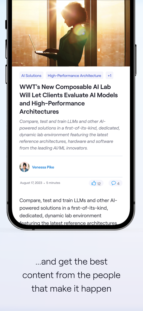 Una captura de pantalla de la aplicación móvil World Wide Technology que presenta un artículo técnico sobre la evaluación de modelos de IA