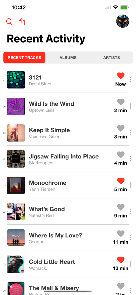 La interfaz de la aplicación Trax Scrobbler que muestra una lista de pistas musicales reproducidas recientemente con portadas de álbumes y marcas de tiempo del historial de escucha.