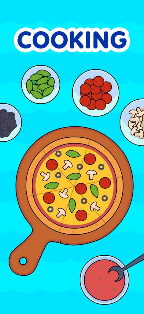 KidloLand educational cooking game interface featuring a pizza and various toppings for toddlers