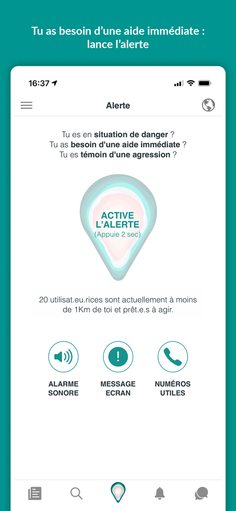 Interface of THE SORORITY app showing the central emergency alert button and information on nearby helpers.
