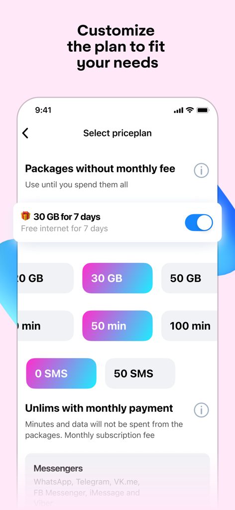 IZI KG app screen showing price plan customization with options for data packages minutes and SMS