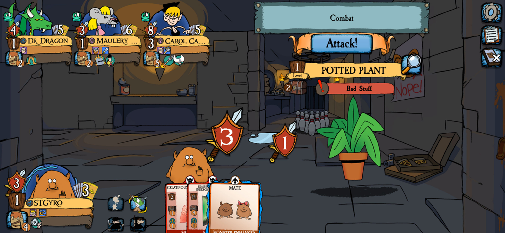 Munchkin Digital - Munchkin Digital gameplay showing a combat encounter against a Potted Plant monster.