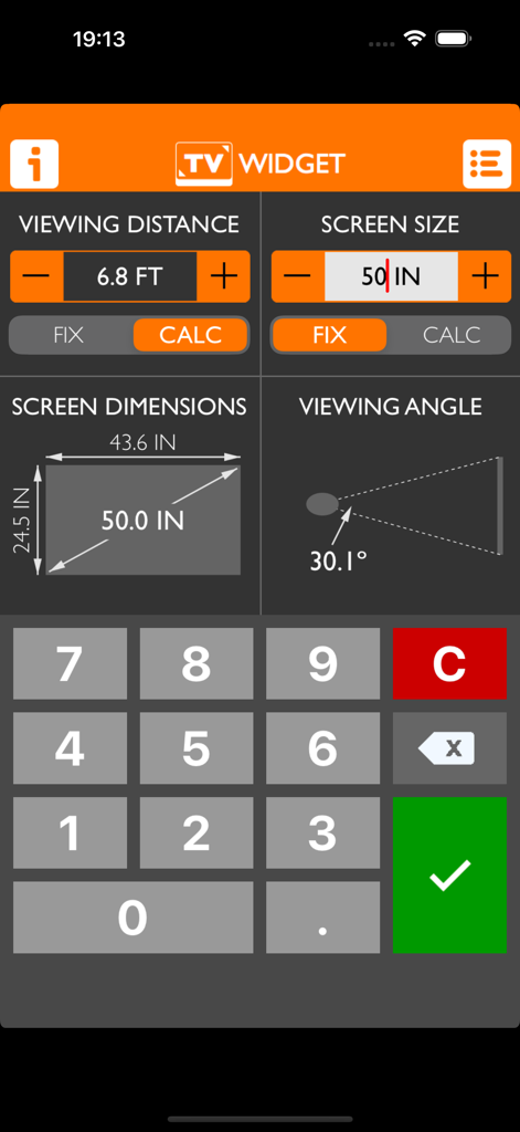 TV Widget + - Interfaz de la aplicación TV Widget mostrando cálculos de distancia de visualización, tamaño de pantalla y ángulo de visión