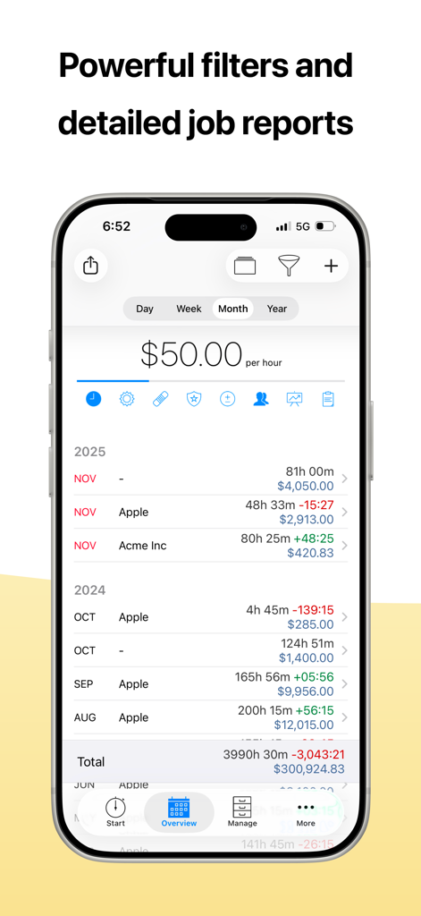 atWork Hours & Pay Tracker - Interfaccia dell'app atWork che visualizza report di lavoro dettagliati e riepilogo dei guadagni mensili