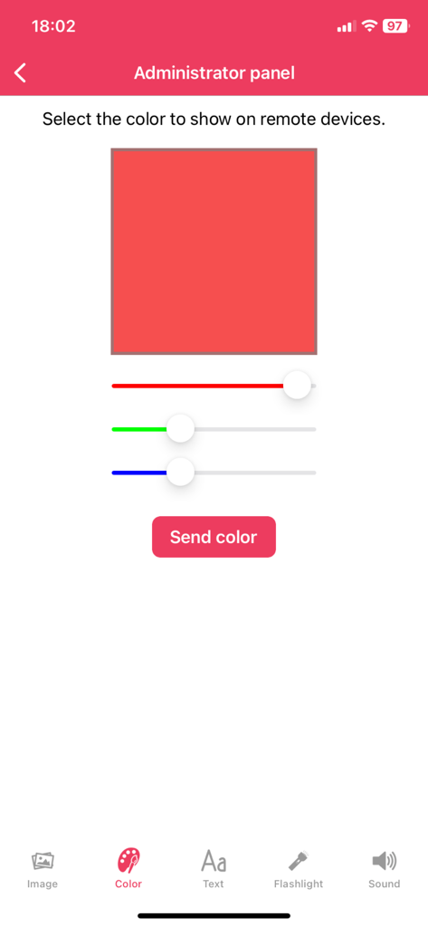Bridgefy Alerts - Bridgefy Alerts administrator panel showing color sliders to sync a specific background color on remote connected devices.