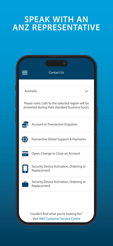 ANZ Transactive - Global - Contact Us screen in the ANZ Transactive Global app with corporate banking support options.