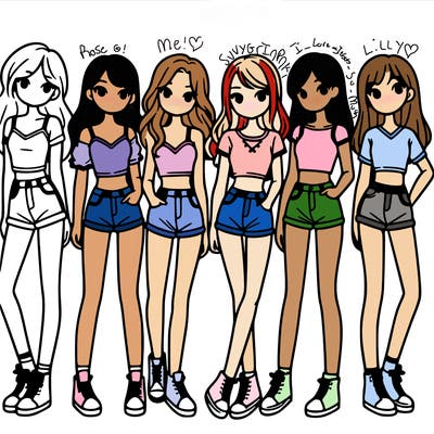 a group of girls wearing crop tops and shorts