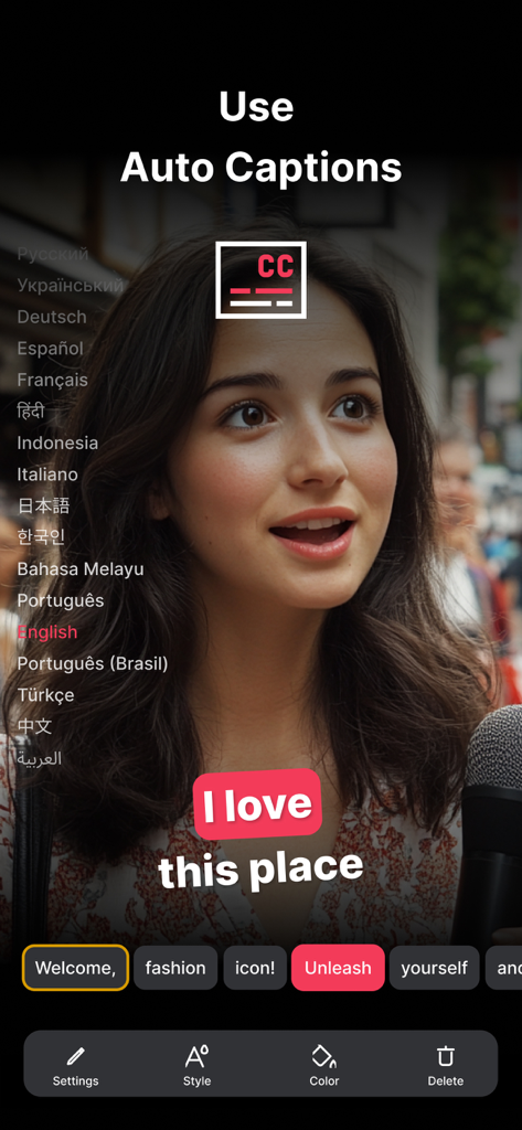CutStory: AI Reels Editor - CutStory app interface showcasing the auto captions feature for social media videos