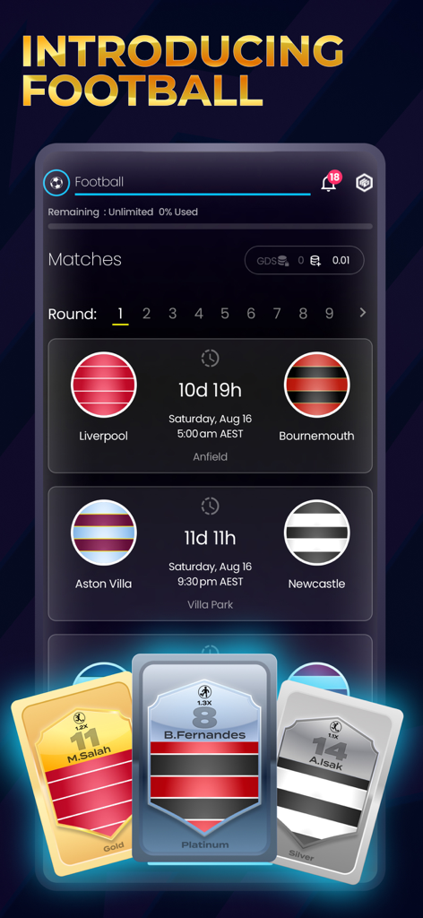 Game Day Squad interface showing upcoming fantasy football matches and collectible player cards