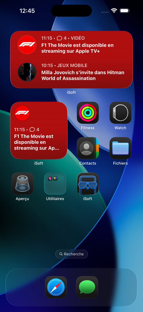 iSoft : the french blog - 영화 및 게임 업데이트가 포함된 iSoft 뉴스 위젯이 표시되는 iOS 홈 화면.