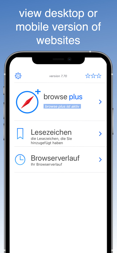 Desktop Browser - iPhone interface of the Desktop Browser app showing main menu options for browsing bookmarks and history