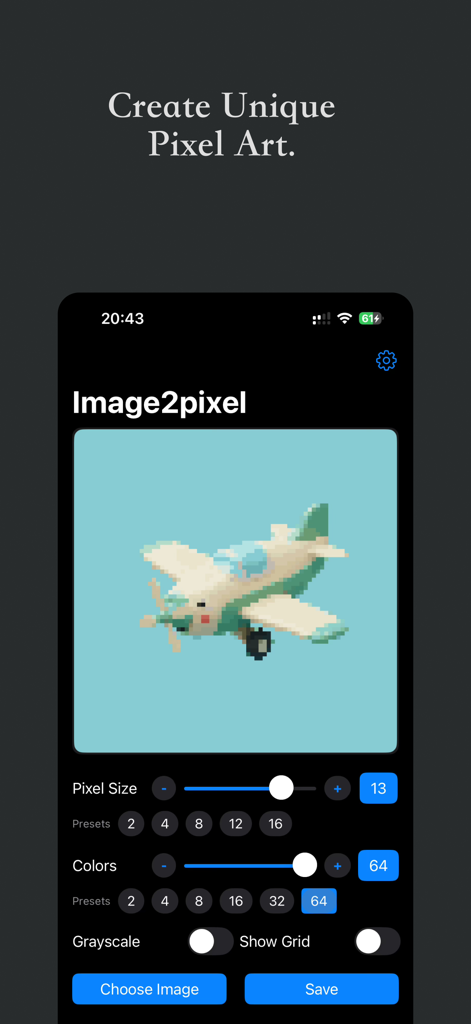 Image2pixel - Image2pixel mobile app interface showing a pixelated airplane and editing tools