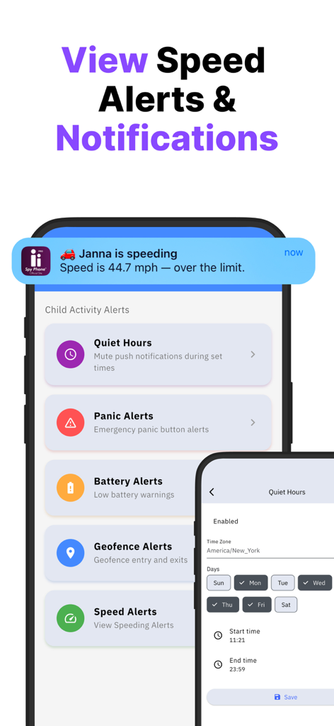 Interface de l'application Spy Phone Pro montrant les alertes de vitesse et les paramètres de notification pour la sécurité des enfants
