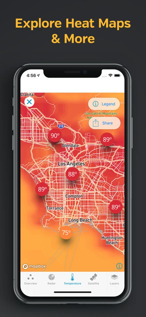 Weather Underground app displaying a temperature heat map of Los Angeles with local readings.