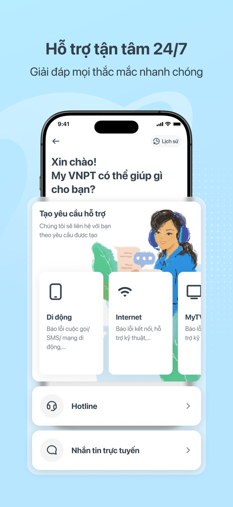 My VNPT - My VNPT app interface for 24/7 customer support with options for mobile, internet, and TV help