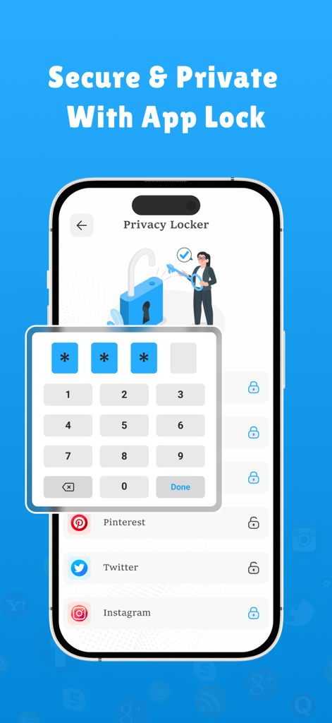 Parallel Space Dual Account - Smartphone screen showing the privacy locker feature with a passcode keypad for securing apps like Instagram and Twitter.