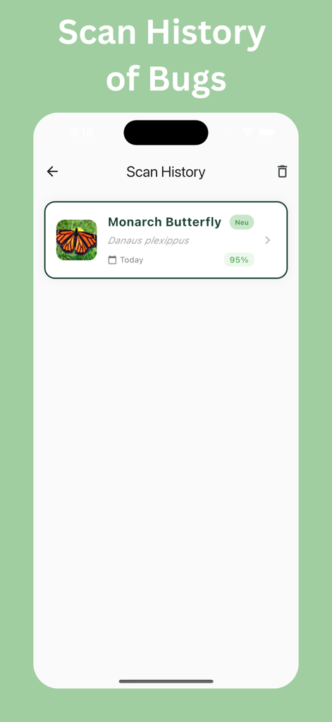 Butterfly Identifier: Photo ID - Screenshot of the scan history screen in the Butterfly Identifier app showing a Monarch butterfly record with a 95 percent identification match.