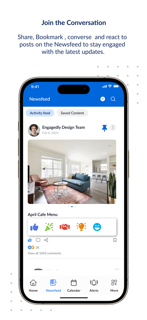 theEMPLOYEEapp 2.0 newsfeed interface showing a corporate post with social reactions and engagement tools