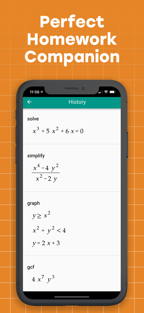 Algebrator: Step Math Solver - Smartphone displaying the history of solved math problems including equations and graphs in the Algebrator app