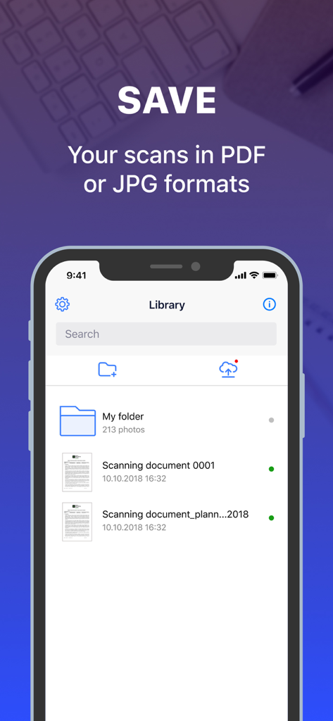 iPhone screenshot of the PDF Document Scanner app library showing saved documents in PDF and JPG formats