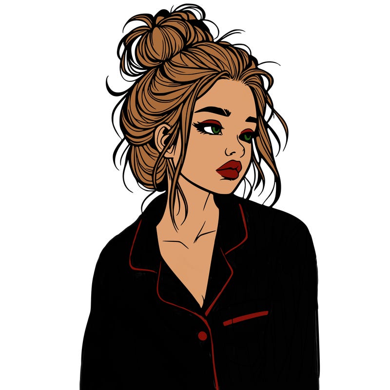 realistic woman with pajamas on and a messy bun